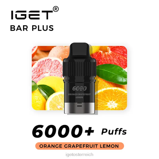 IGET Wholesale - Nikotinfreier Bar Plus Pod, 6000 Züge 8BTV380 Orange, Grapefruit, Zitrone